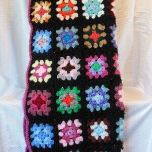 afghan lap sized granny squares colorful black border many colors vintage 1970s